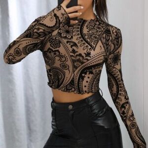 Paisley Long Sleeve Crop Top - Black and Tan Lettuce Trim Flocked Mesh #1830